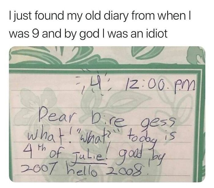 Handwritten diary entry from a child in 2007, showcasing unhinged and wild memes that might make your day better.