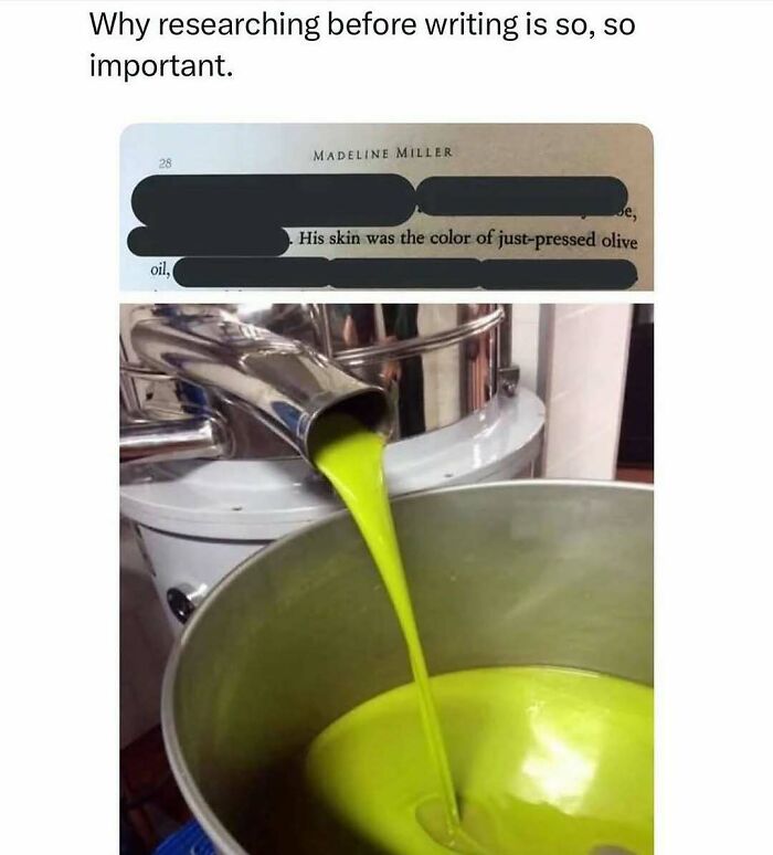 Meme showing importance of research with a book quote and olive oil pouring into a container for humorous effect.