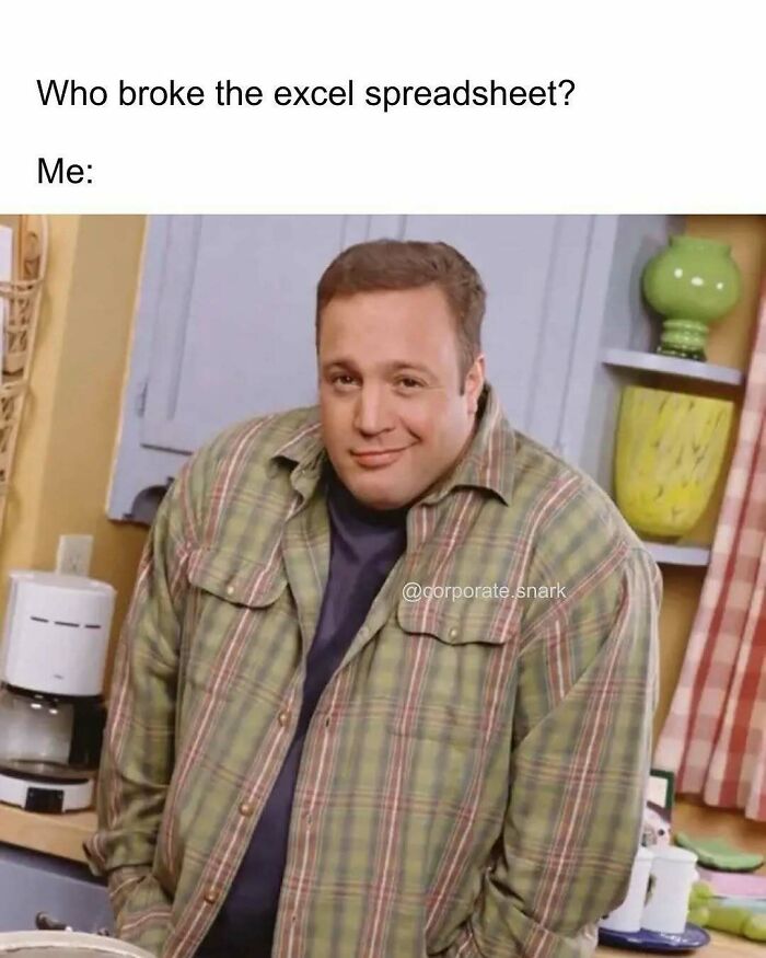Man shrugging with a smirk in a kitchen, a relatable work meme about breaking an Excel spreadsheet.