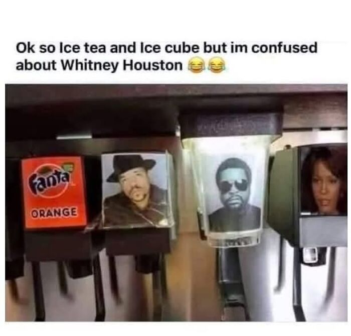 ’90s meme featuring soda machine levers with images of Ice Cube, Ice Tea, and Whitney Houston for nostalgia ride.