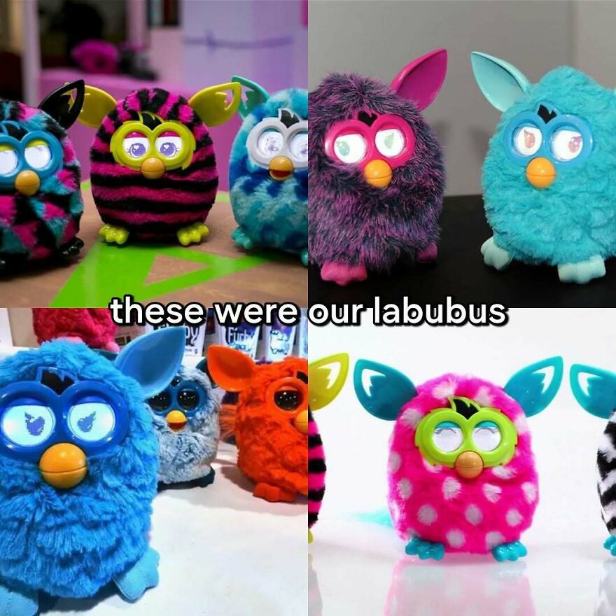 A collage of colorful Furby toys from the 2000s, evoking nostalgia for growing up in the 2000s.
