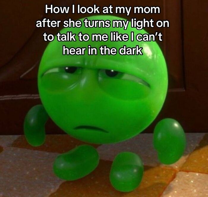 Green animated character with unimpressed eyes and caption about being talked to in the dark, funny and interesting posts.