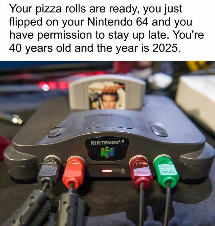 Nintendo 64 console with controllers and nostalgic meme referencing 90s memes and nostalgia ride.