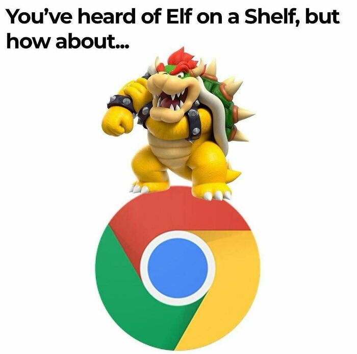 Bowser character standing on a Google Chrome logo with text referencing 90s memes and nostalgia.
