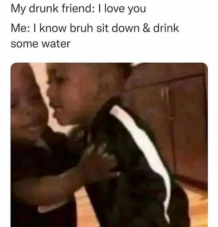 Two young children with one telling the other to sit down and drink water, funny unhinged and wild memes moment.