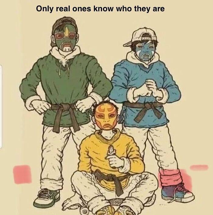 Three people wearing colorful masks and vintage outfits in a 90s style meme for nostalgia ride fans.