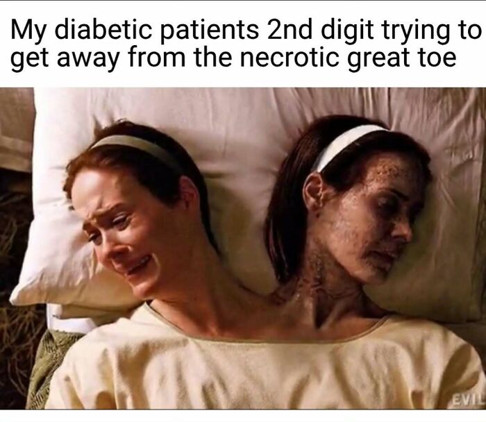 A two-headed character from American Horror Story, one head crying while the other sleeps. Relatable nurse meme.