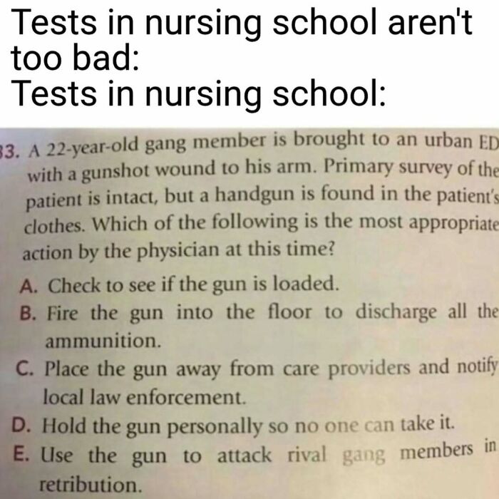 A nurse meme showing a difficult nursing school test question. Relatable nurse humor about hospital life.