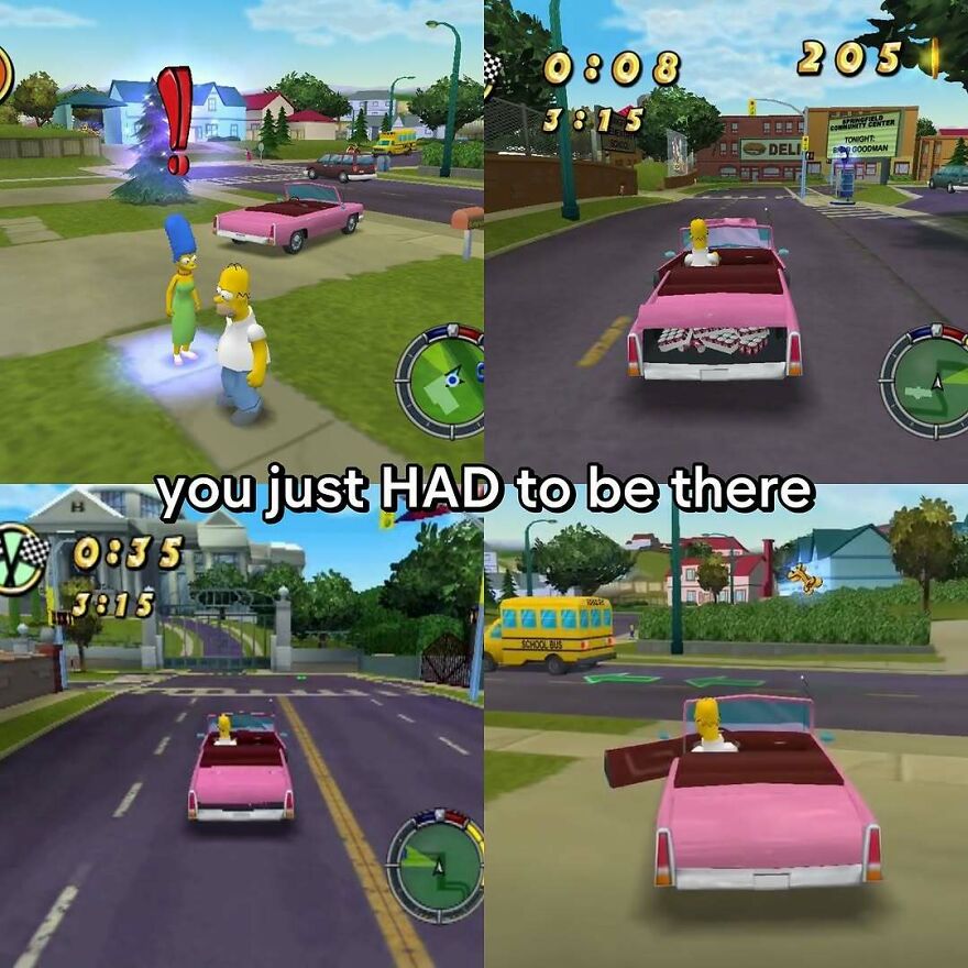 Nostalgic Photos capturing growing up in the 2000s, featuring gameplay from The Simpsons: Hit & Run. Homer drives his pink car, reminiscent of the game.