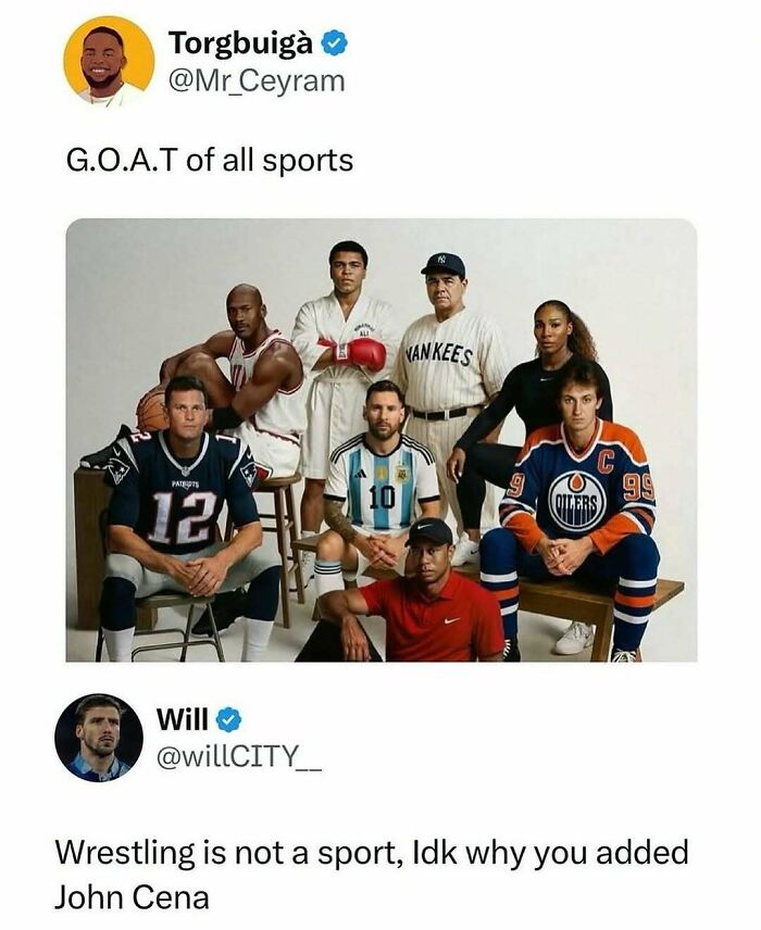 Meme featuring famous athletes and John Cena with a humorous debate about the G.O.A.T in wild memes.