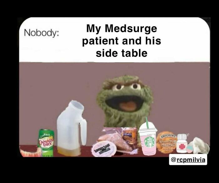 A nurse meme shows Oscar the Grouch surrounded by patient items, embodying relatable hospital life.