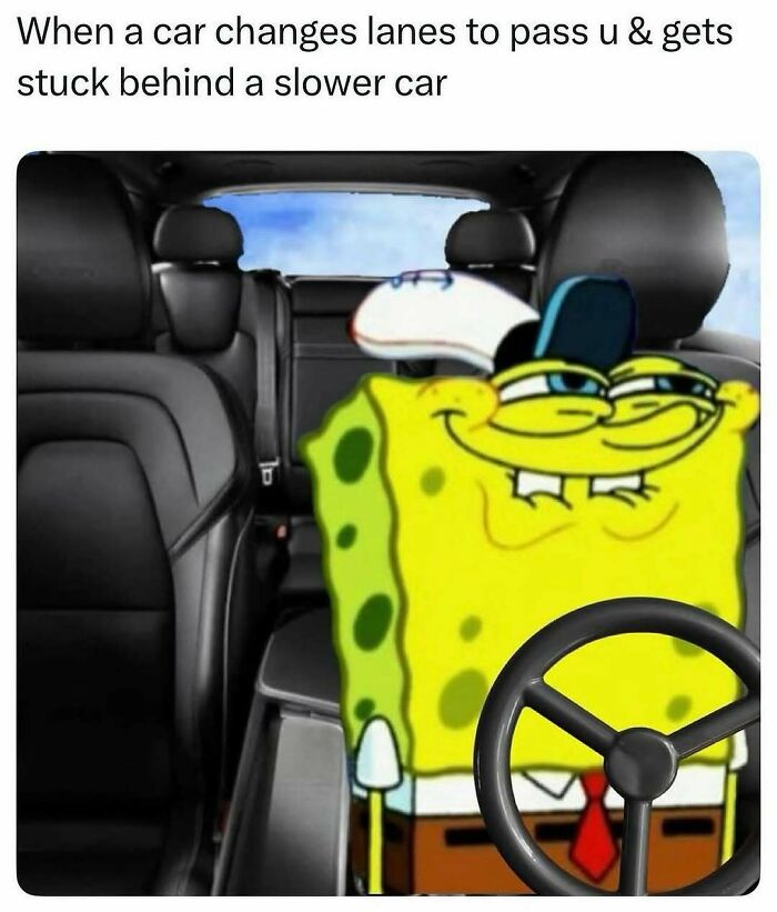 SpongeBob driving a car with a smug face, illustrating a meme about getting stuck behind a slower car in meme scrolling.