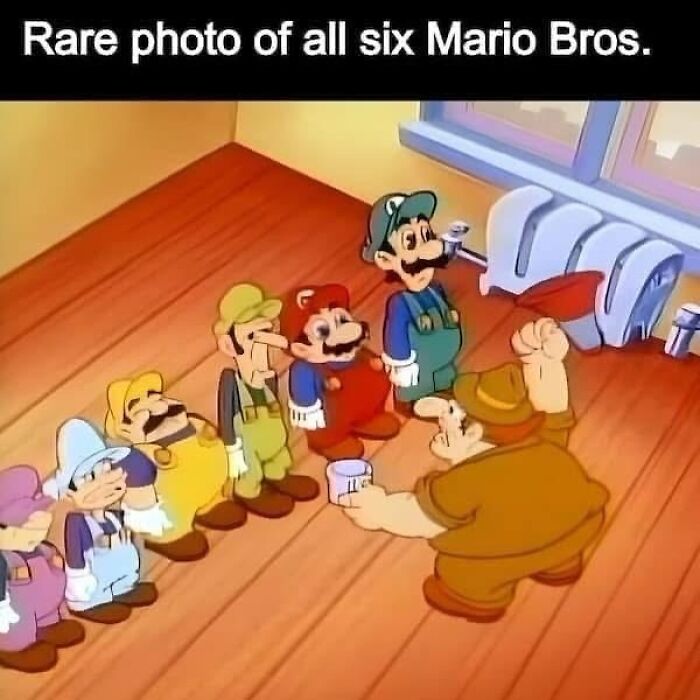 Cartoon showing six Mario Bros characters lined up in a nostalgic ’90s meme style with a man gesturing at them.