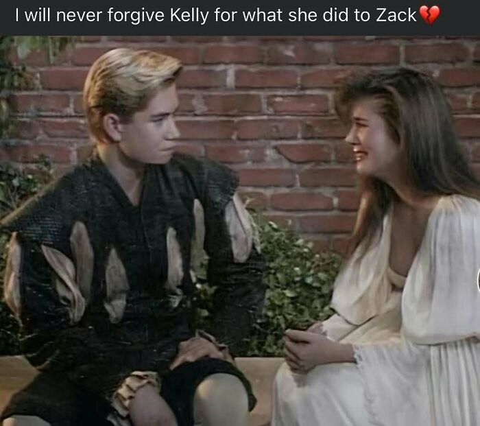 90s meme with two characters in medieval costumes expressing emotional conflict and nostalgia feelings outdoors.