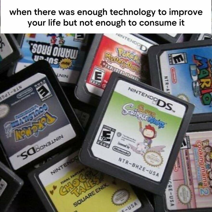 Nostalgic photos of Nintendo DS game cartridges, including Pokemon and Super Scribblenauts, capturing the vibe of growing up in the 2000s.