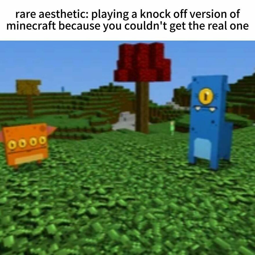 Nostalgic photo of pixelated game characters in a blocky world, reminiscent of growing up in the 2000s.