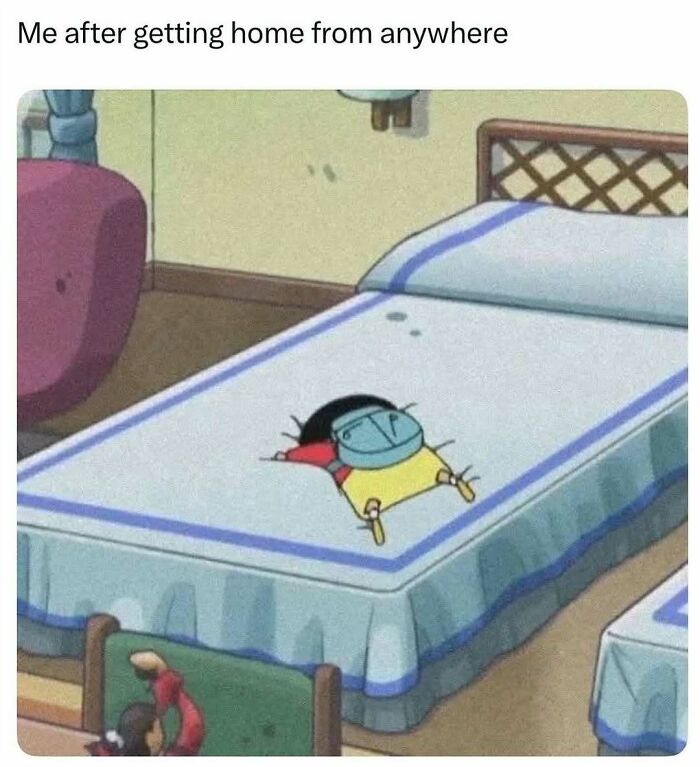 Cartoon character lying flat on bed after getting home, representing meme scrolling moments for a daily chuckle.