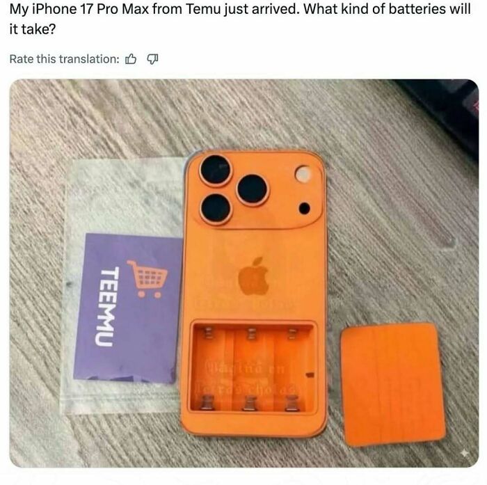 Orange iPhone case with fake camera lenses and a battery compartment, highlighting wild memes about unusual tech designs.