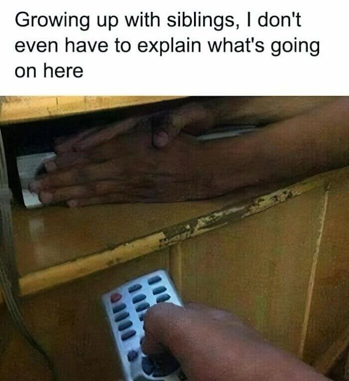 Hand hiding remote control under table with caption about growing up with siblings from 90s memes nostalgia.