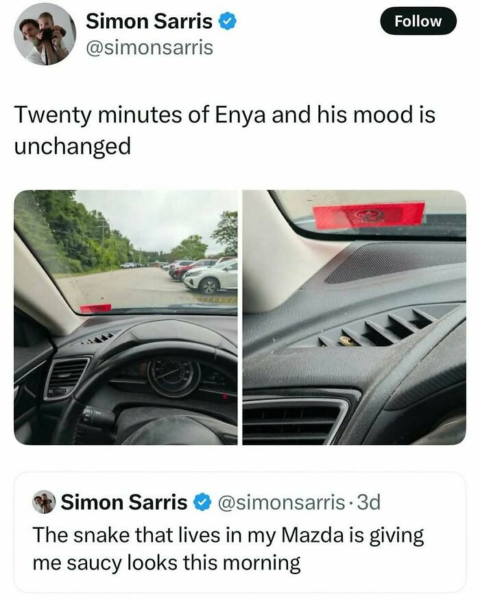 Twitter post showing a Mazda dashboard with a snake inside, fitting the wild memes theme from unhinged and wild memes.