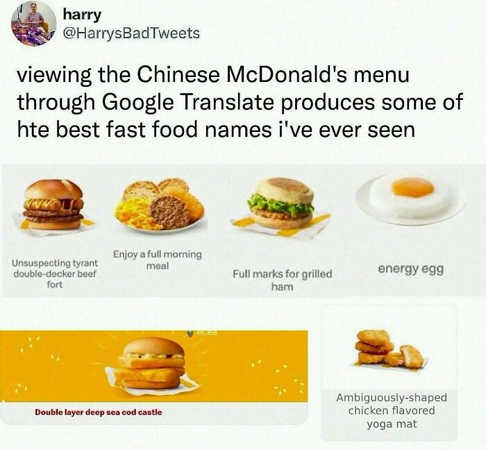 Funny fast food menu names from a Chinese McDonald's seen in unhinged and wild memes to make your day better.