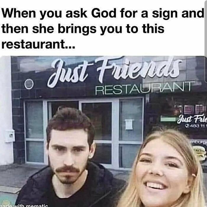 Couple standing outside Just Friends restaurant, illustrating relatable memes about adulthood and unexpected signs.