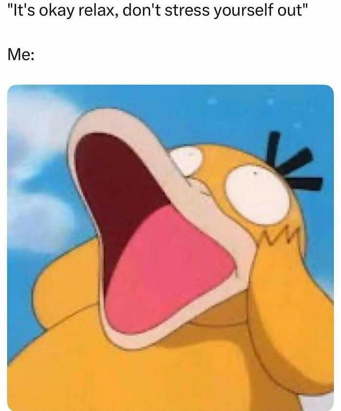 Cartoon character Psyduck with wide open mouth and stressed expression illustrating meme scrolling humor.