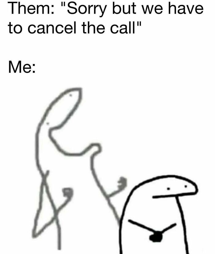 Meme showing a simple drawing of two figures reacting to a canceled call, humorous meme scrolling content.