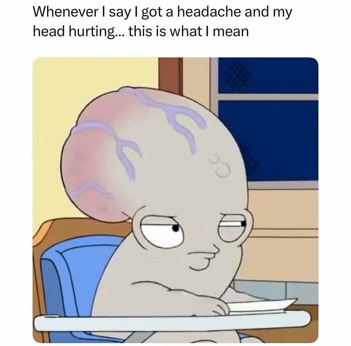Cartoon character with an oversized headache sitting at a table, representing the humor in meme scrolling for a chuckle.