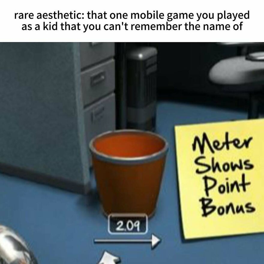 A nostalgic photo showing a mobile game screen with an orange cup, "2.09", and a yellow sticky note. Captures growing up in the 2000s.