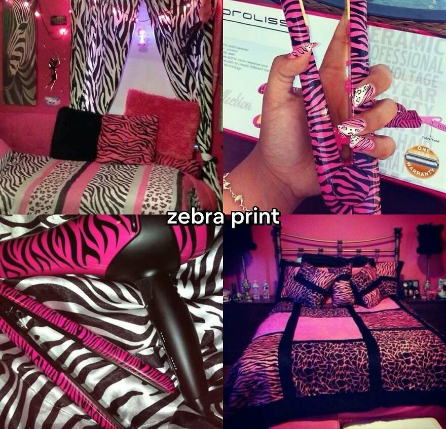 Nostalgic photos capturing the 2000s vibe, featuring a pink and zebra print bedroom, hair dryer, and straightener.