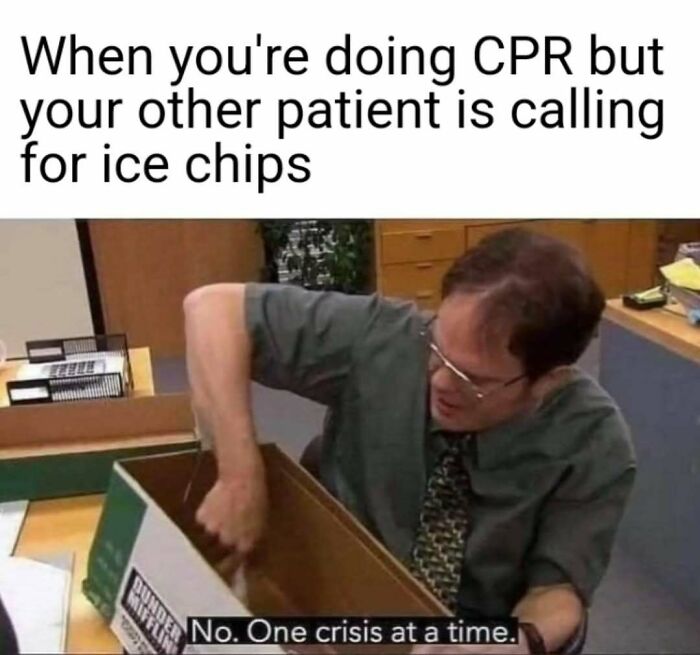 Dwight from The Office frantically searching a box, with a nurse meme caption above. Painfully relatable nurse memes.