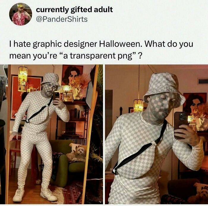 Man dressed in checkered outfit and hat resembling a transparent PNG in a humorous meme about graphic design Halloween.