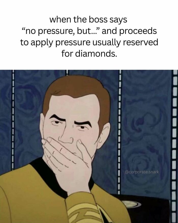 Cartoon man covering mouth in disbelief with text about boss applying pressure, illustrating work memes for meeting survival.