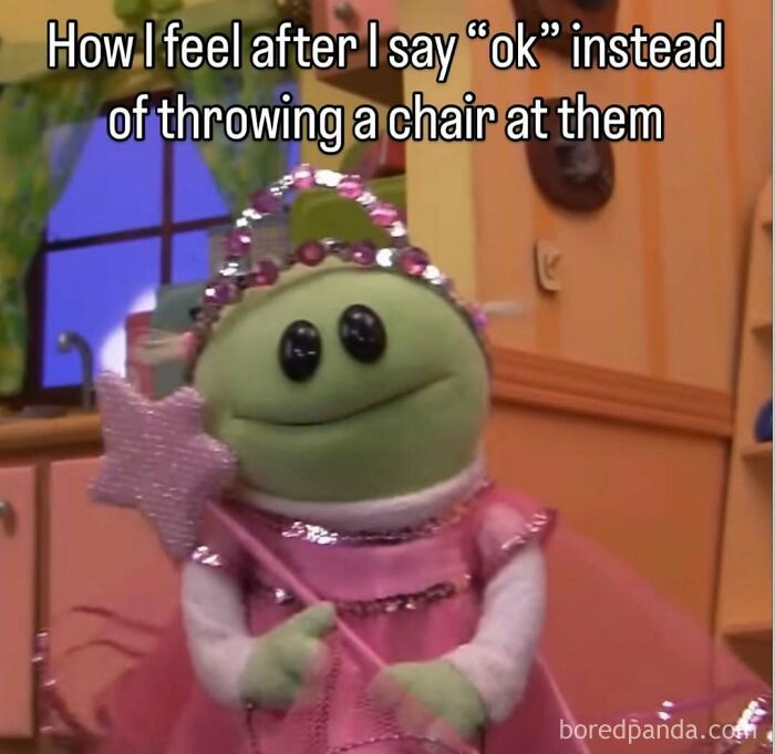 Puppet dressed as a fairy holding a wand, illustrating meme scrolling humor and relatable online reactions.