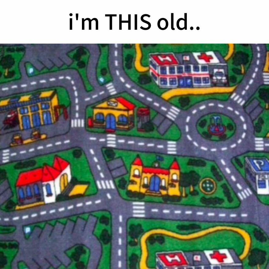 A nostalgic photo of a classic kids road playmat with buildings and roads. Captures the vibe of growing up in the 2000s.