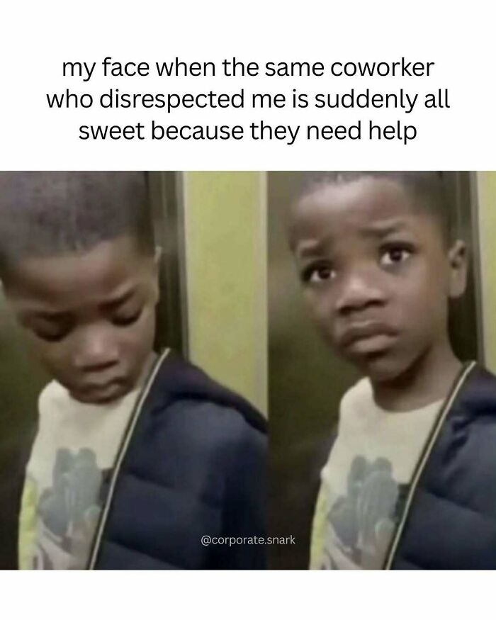 Boy making skeptical faces in a work meme about coworker behavior, illustrating humor for work memes and office life.