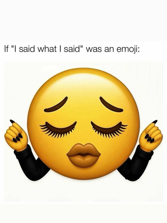 Emoji with closed eyes, pursed lips, and raised hands with black nails, representing meme scrolling humor.