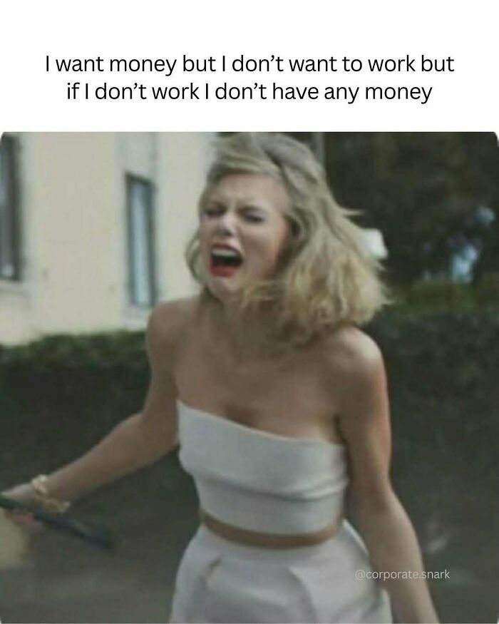 Woman in white outfit expressing frustration with work, highlighting the struggle in popular work memes about job dissatisfaction.