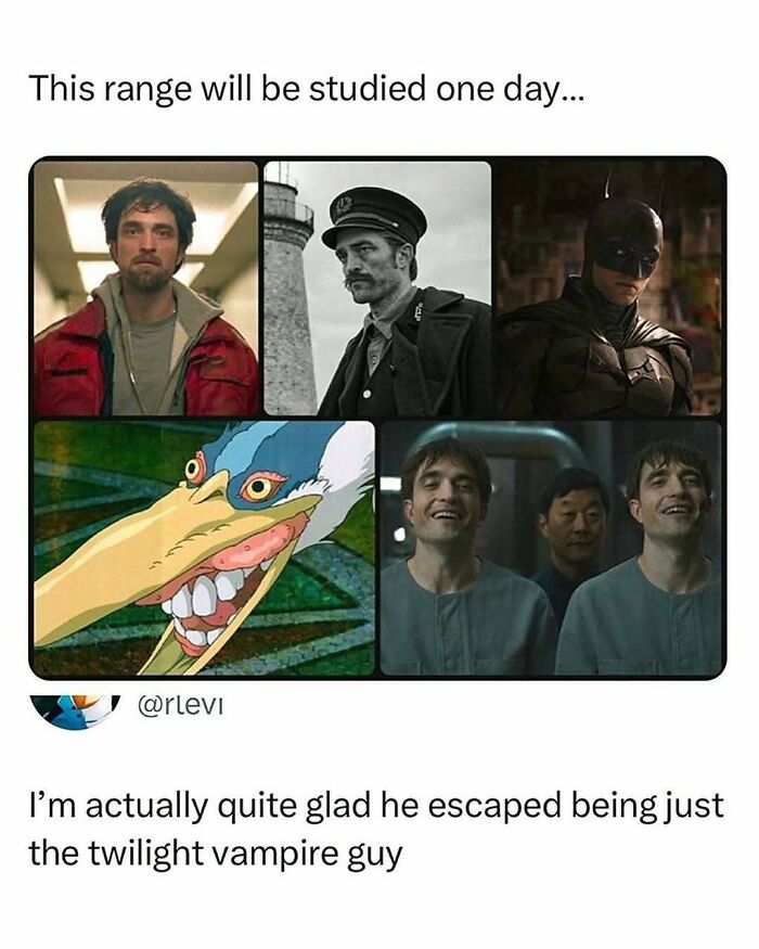 Collage of Robert Pattinson roles showing the range of characters in unhinged and wild memes.