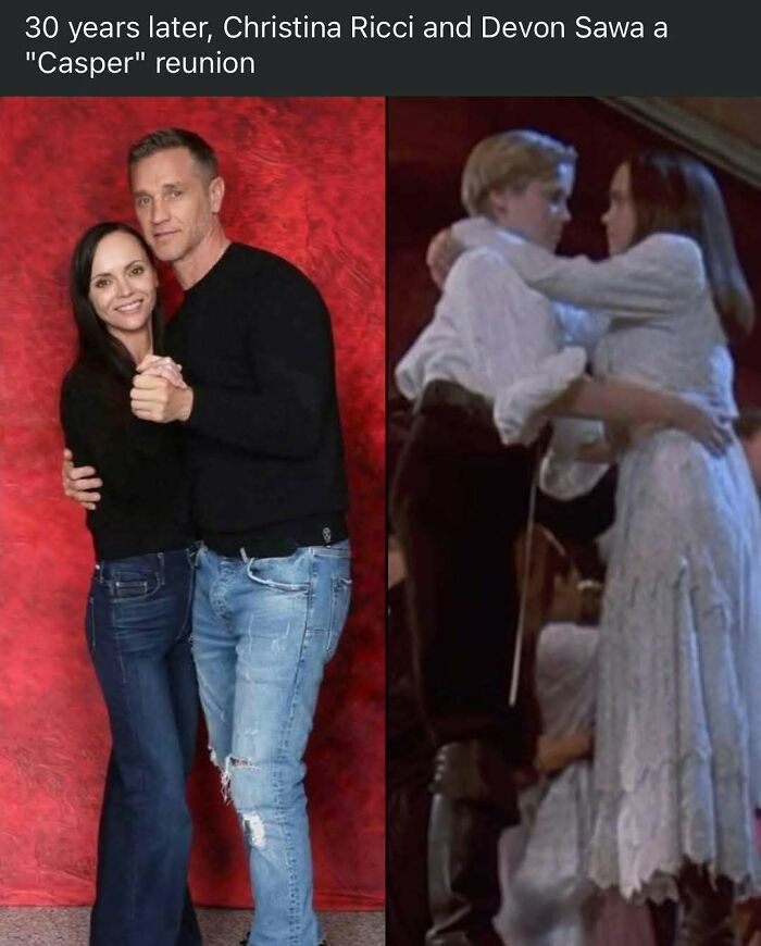 Christina Ricci and Devon Sawa reunion photo paired with a nostalgic ’90s movie dance scene meme.