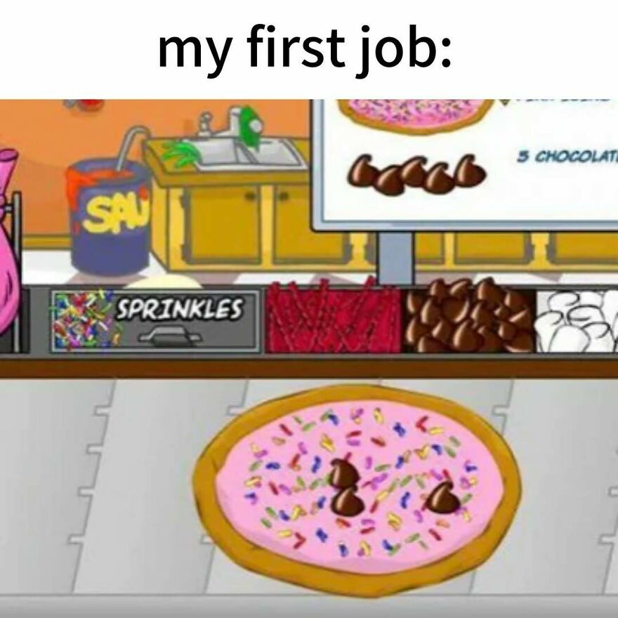 A nostalgic image showing a virtual game screen from the 2000s, featuring a donut decoration station with sprinkles and chocolate chips.