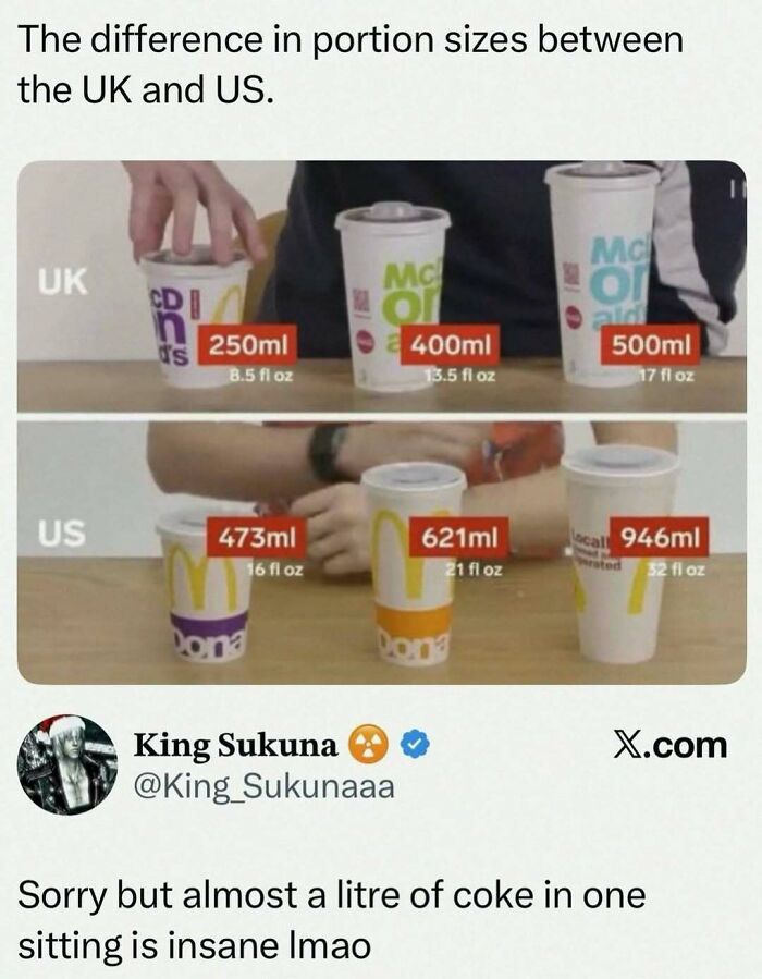 Comparison of portion sizes between UK and US soft drinks highlighting unhinged and wild memes content.