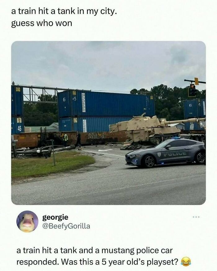 Unhinged meme showing a train hitting a tank with a police Mustang responding, creating a wild and funny scene.