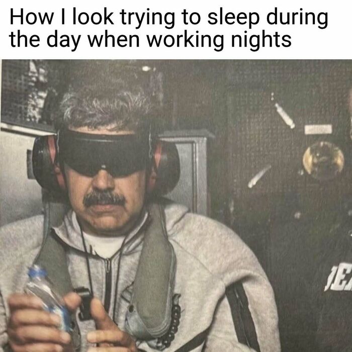 A man in a sleep mask and headphones, holding water. Relatable nurse memes depict hospital life and sleep struggles.