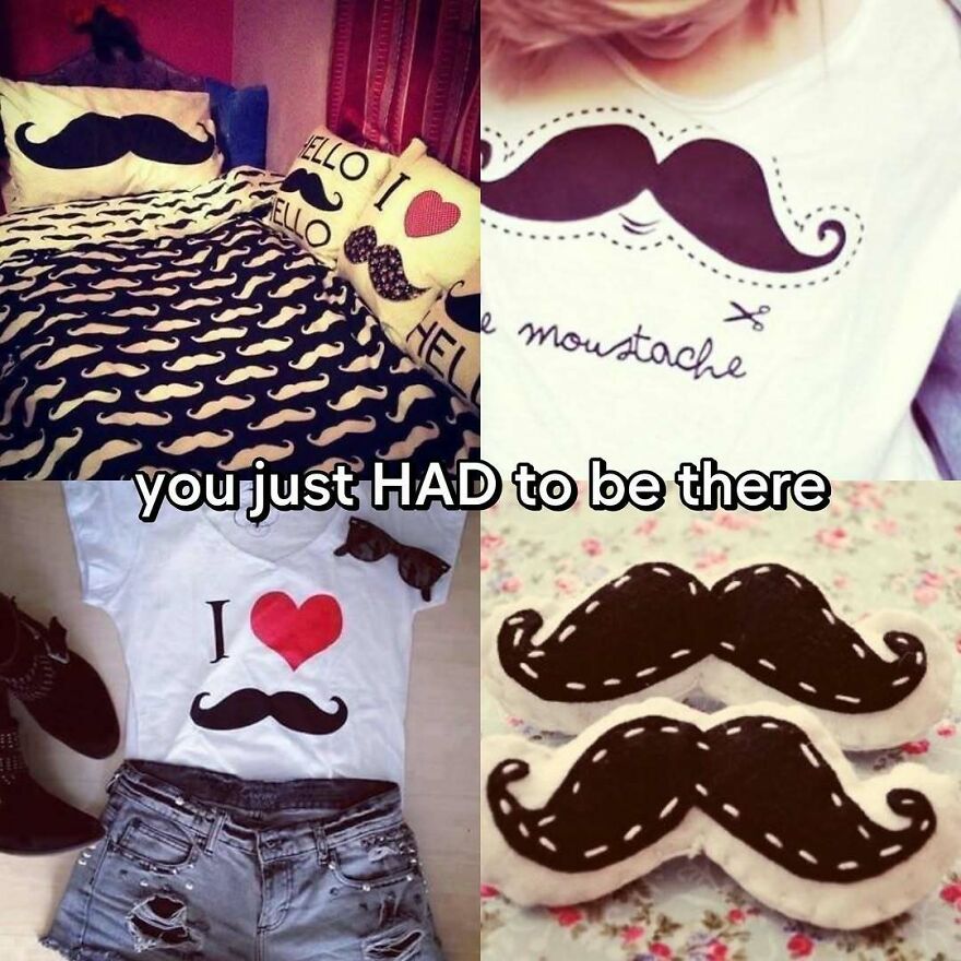 Nostalgic 2000s photos showing the mustache trend, with bedding, clothes, and pillows featuring the iconic shape.
