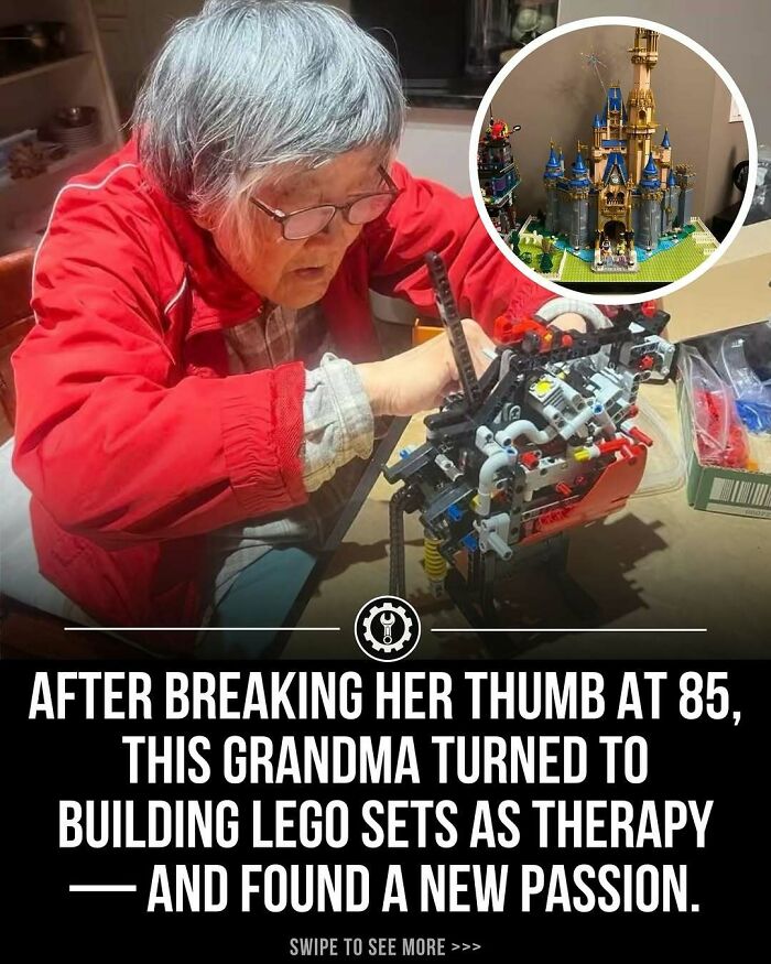Elderly woman building intricate LEGO sets, showcasing how everything is made through careful assembly and creativity.
