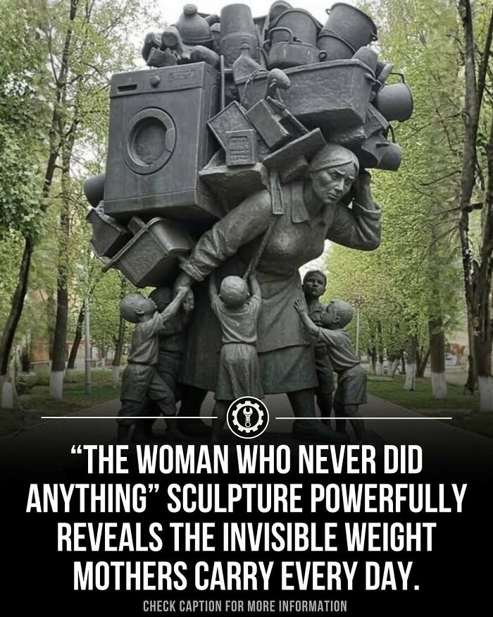 Sculpture showing a mother carrying household items and children, illustrating the invisible weight mothers bear daily in life.