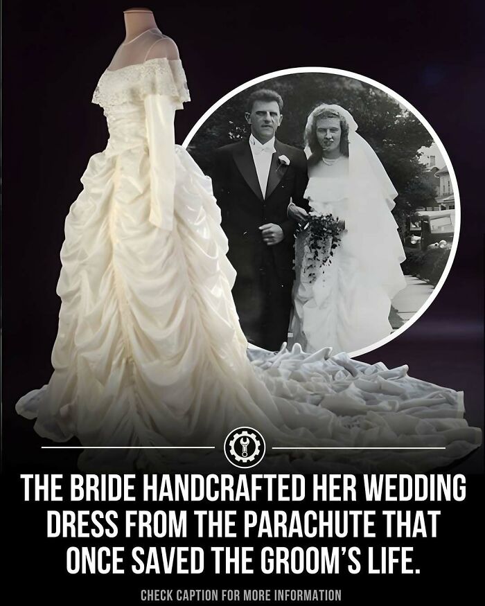 Bride's handcrafted wedding dress made from the parachute that saved the groom's life, showing craftsmanship and fascinating facts.