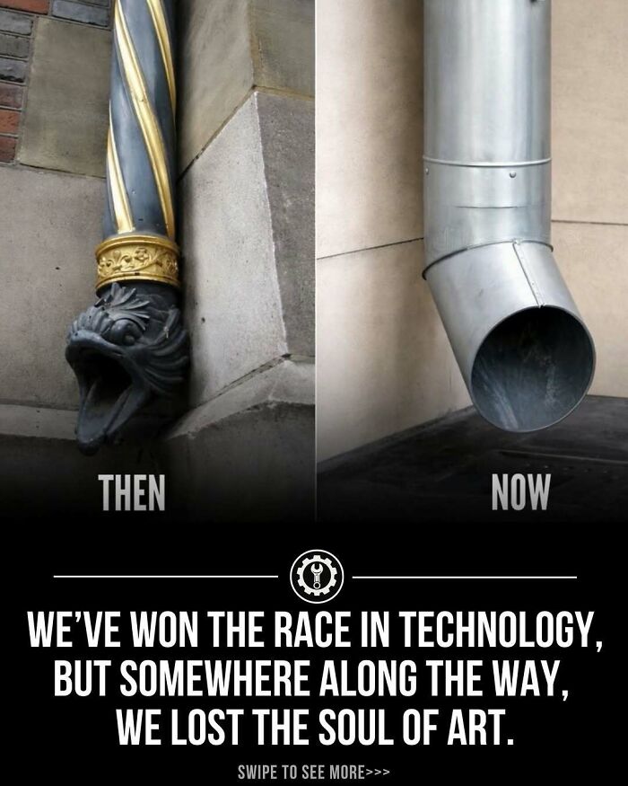 Then and now comparison of rainwater drainage pipes showing the change in how everything is made with modern technology.